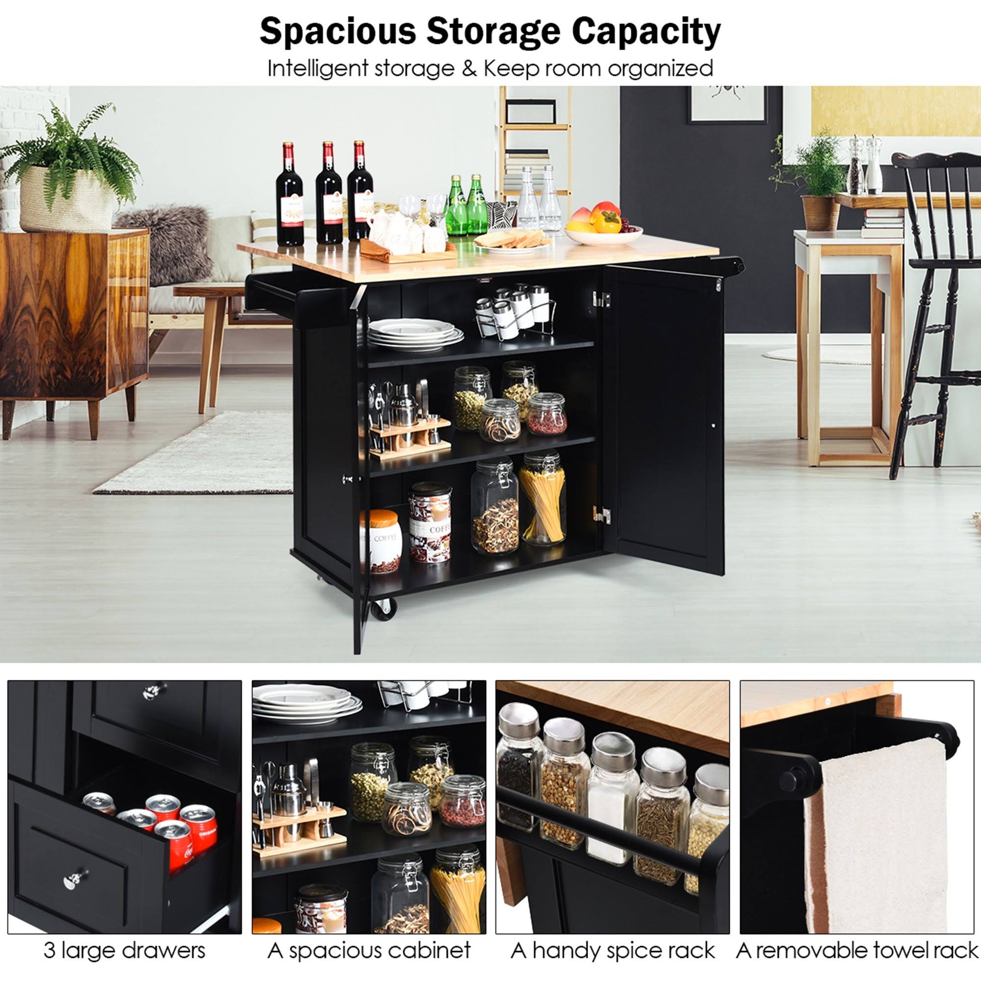Gymax Drop-Leaf Kitchen Island Trolley Cart Wood Storage Cabinet w/ - See Details - Kitchen Cart - Black