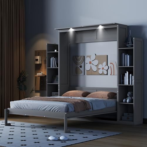 Harper & Bright Designs Queen Size Murphy Bed Wall Bed with Storage Shelves and LED Lights, Space-Saving for Multipurpose Guest Room or Home Office