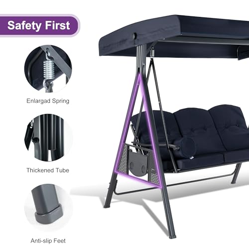 PURPLE LEAF Outdoor Patio Porch Swing with Adjustable PVC Canopy, 3-seat Swing Chair Bench with Side Cup Holder for Backyard Front Porch Lawn