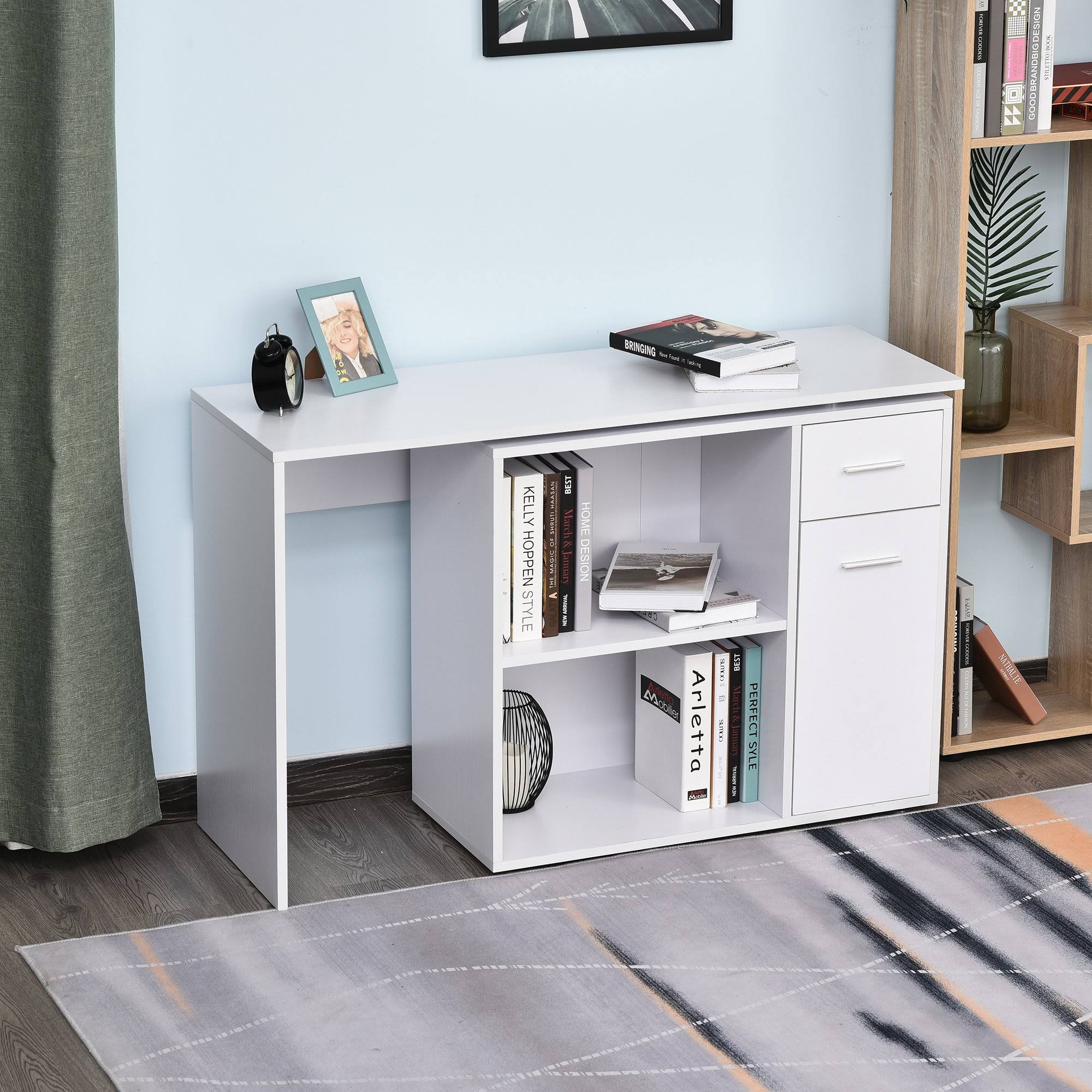 Homcom L Shaped Computer Desk Workstation with Storage Shelves and Cabinet for Home u0026 Office - White