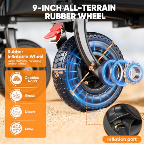Big Rubber Wheels Beach Wagon Cart Foldable, 9x3 All-Terrain Wheels, Heavy Duty Collapsible Utility Wagon with 330lbs Capacity, Compact Storage