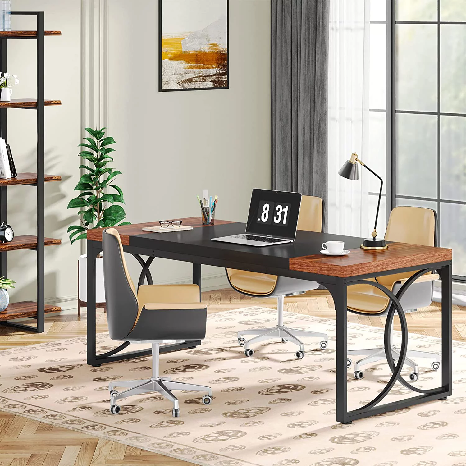 Tribesigns 63" Executive Desk, Large Office Computer Desk, Industrial Thicken Wood Workstation Business Furniture, Walnut & Black