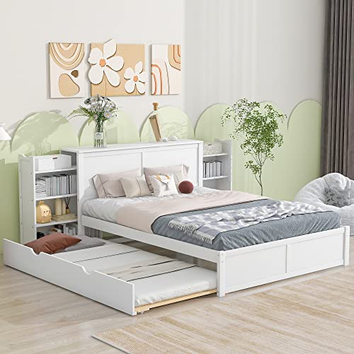 SOFTSEA Full Murphy Bed Wall Beds, Wood White Cabinet Bed 61.5” Foldable Platform Bed with Shelf for Guest Room