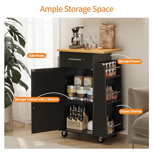 Shintenchi Rolling Kitchen Island Cart with Folding Drop Leaf Breakfast Bar, Portable Trolley Island with Large Storage Cabinet, Shelf and Drawer