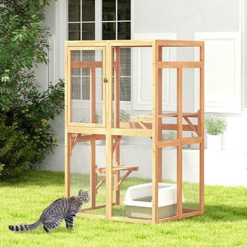 COZIWOW Catio Outdoor Cat Enclosure Window Access, Wooden Cat House Shelter, Kitty Cage with 3 Platforms for Patio Indoor (White)