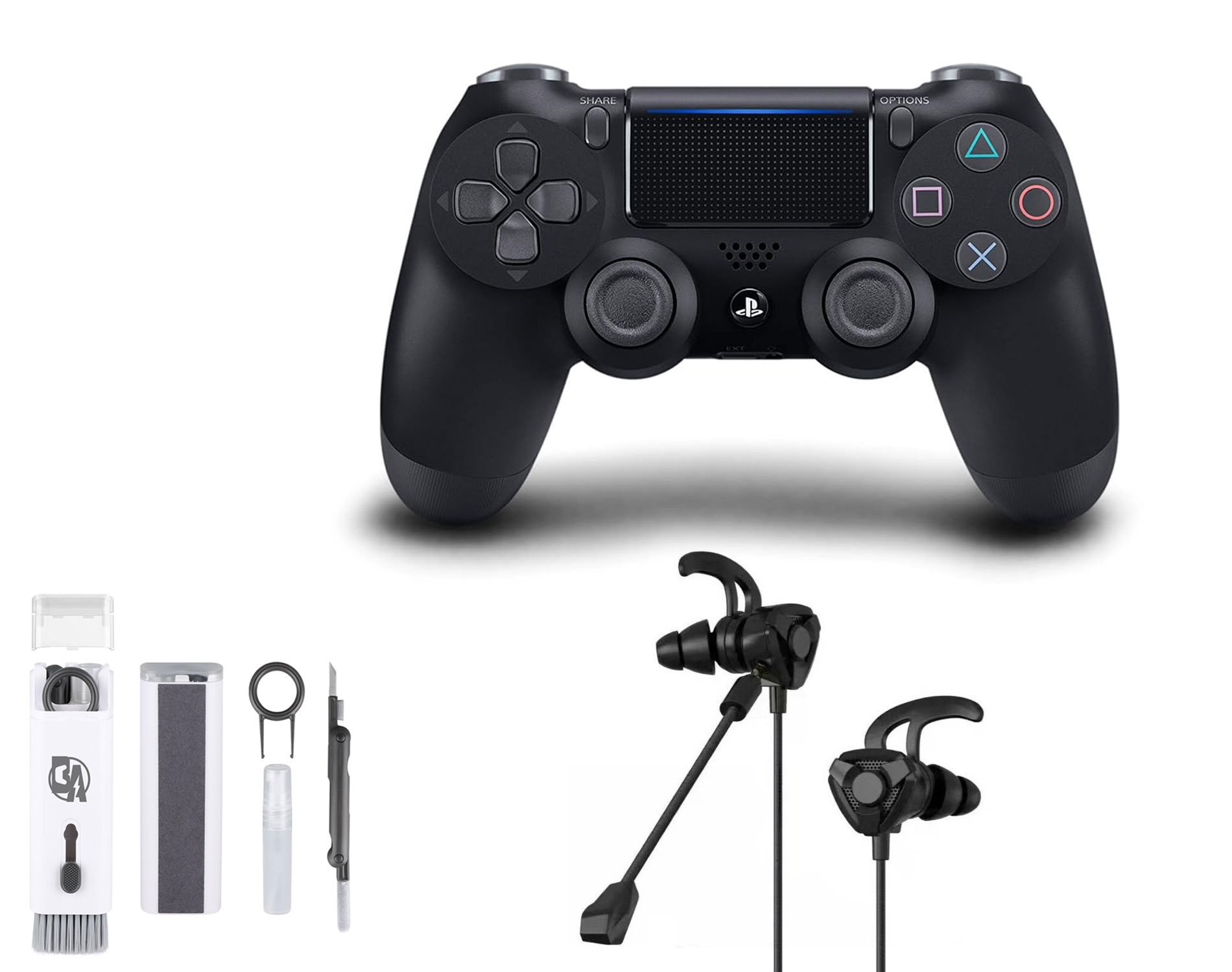 Sony Dual Shock Black Gaming Controller PS4 Console With Black Gaming Buds + Cleaning Kit BOLT AXTION Bundle Like New