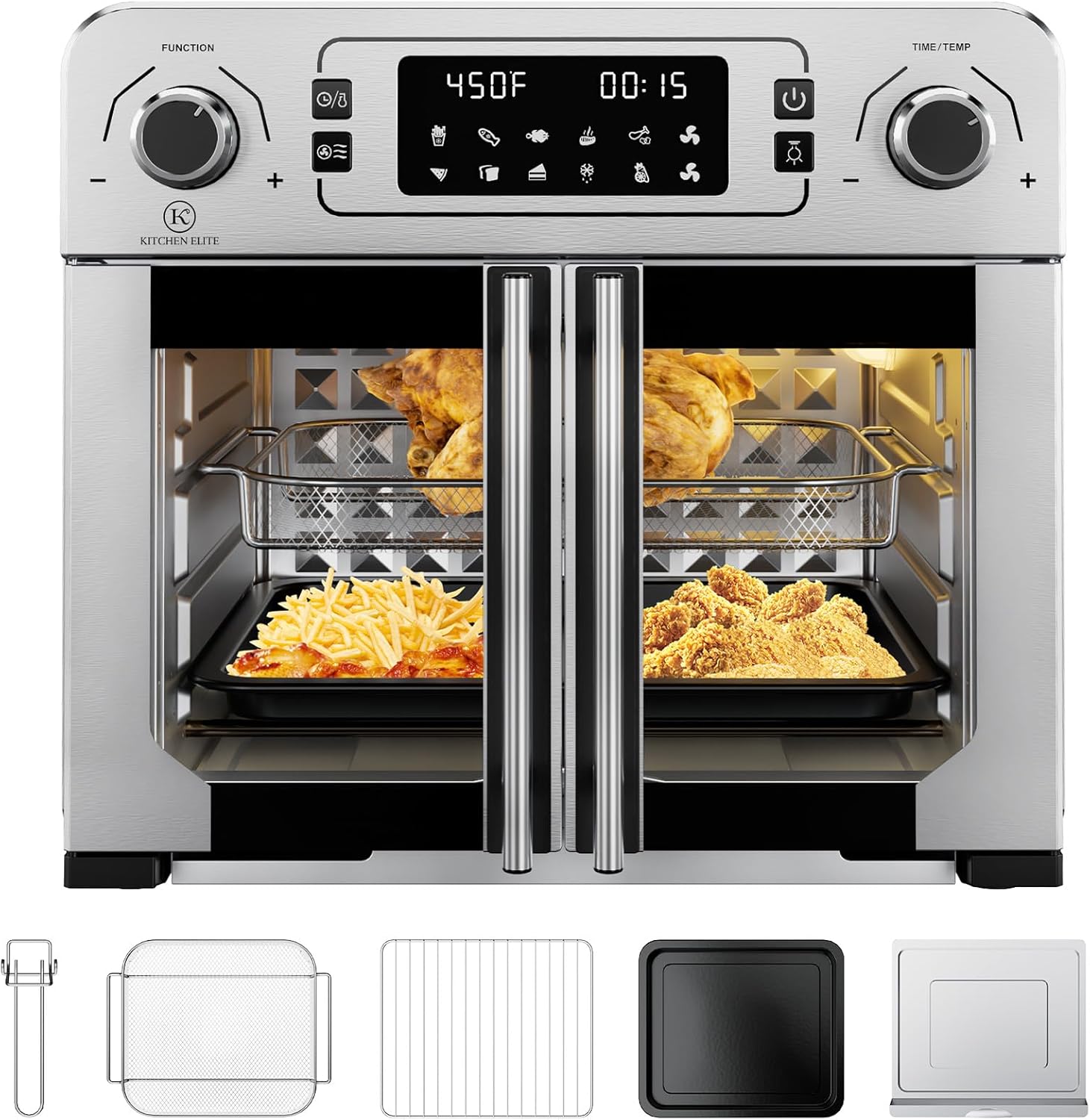Toaster Oven Air Fryer Combo,10-in-1,10 Touch Screen Presets,25QT Large Countertop Oven,Stainless Steel French Door,5 Accessories Included