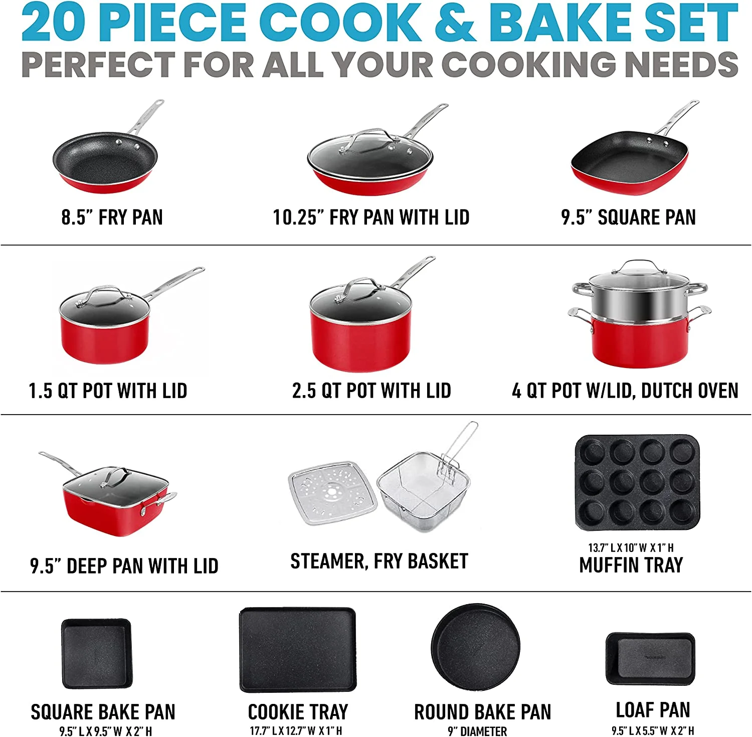 Excellent en Red Pots and Pans Set Nonstick 20 Pc Kitchen Cookware Set &amp; Bakeware Set with Mineral &amp