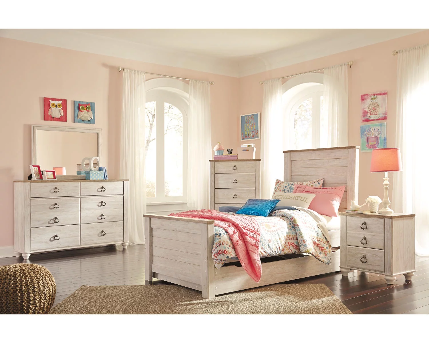 Signature Design by Ashley Willowton Farmhouse 2 Drawer Nightstand with USB Charging Ports, Whitewash