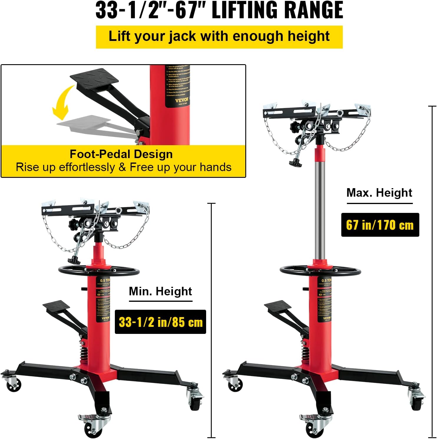 VEVOR Transmission Jack,1/2Ton/1100lbs Capacity Hydraulic Telescopic Transmission Jack, 2-Stage Floor Jack Stand with Foot Pedal, 360° Swivel Wheel