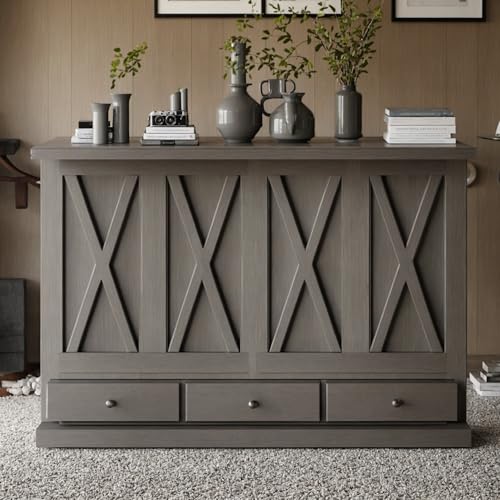 DNYN Queen Size Murphy Bed with Storage Drawer(Large) & Charging Station for Bedroom,Convertible Pinewood Wall Bedframe w/Stylish Cabinet Design