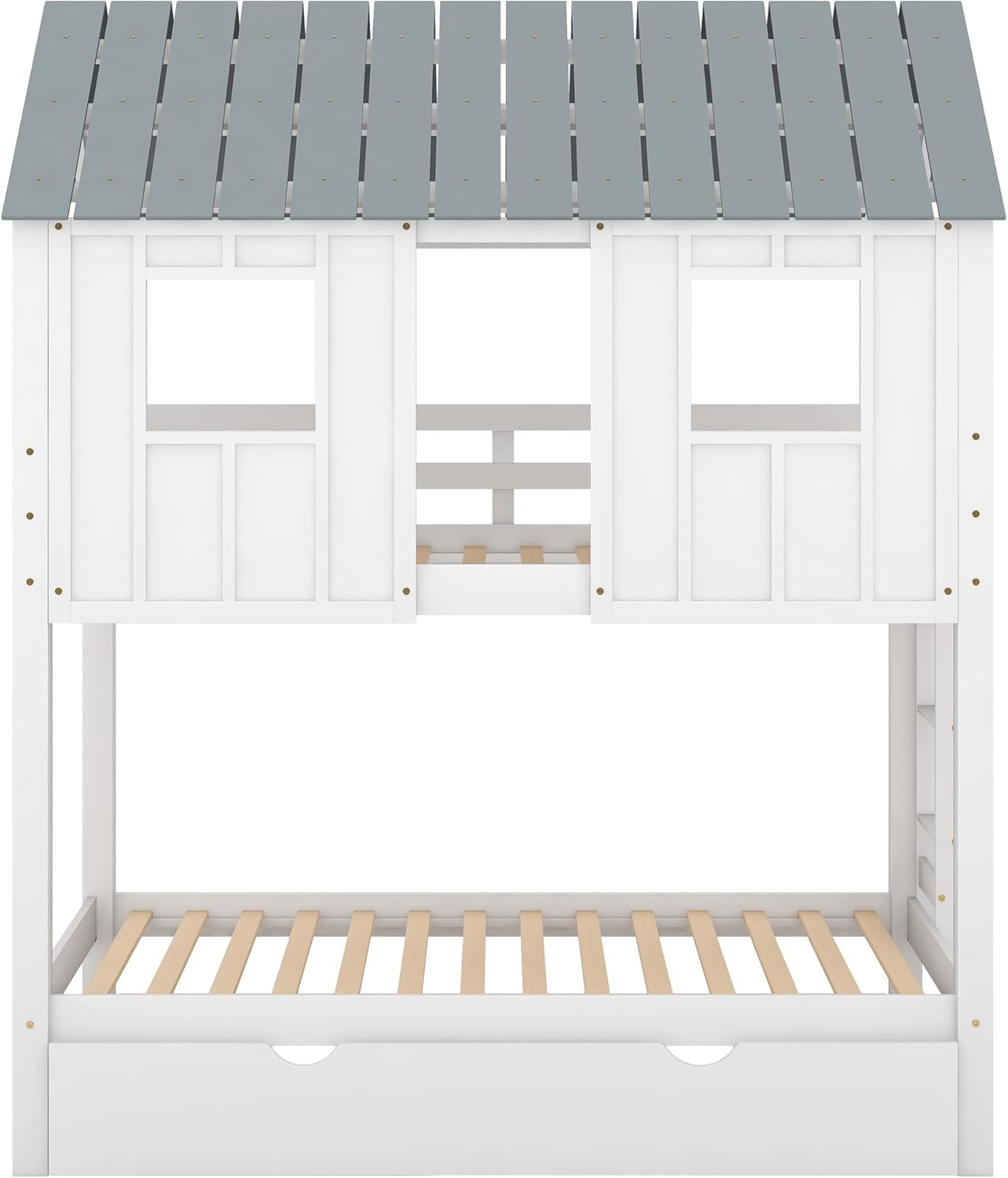 Twin Over Twin House Bunk Beds with Trundle, Wood Bed Frames with Two Front Windows and Roof for Toddlers/Boys/Girls, White