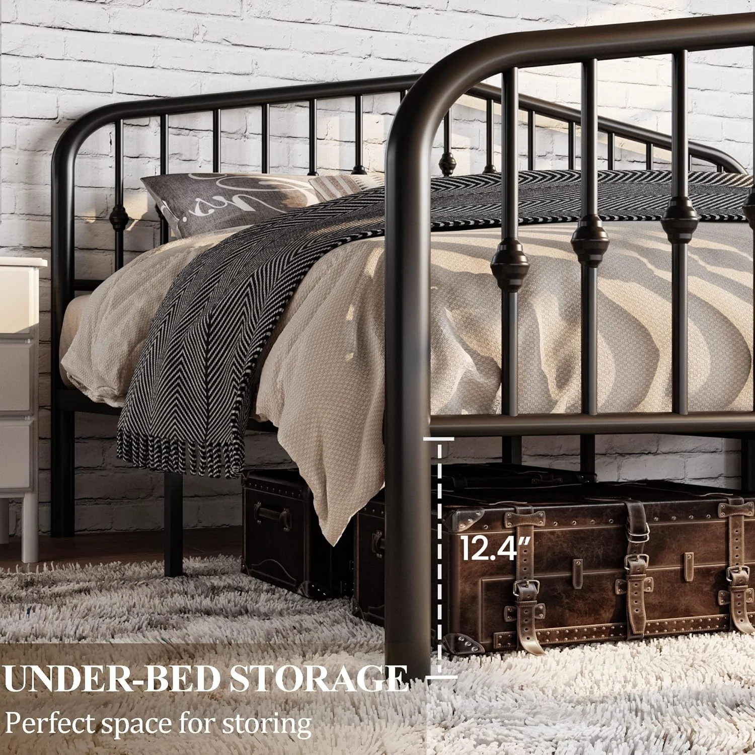 YINCHEN Queen Size Metal Platform Bed Frame with Victorian Style Wrought Iron-Art Headboard/Footboard, No Box Spring Required, Black