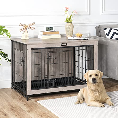 HOOBRO Dog Crate Furniture, 38.6" Large Dog Kennel Indoor, Wooden Cage with Pull-Out Tray