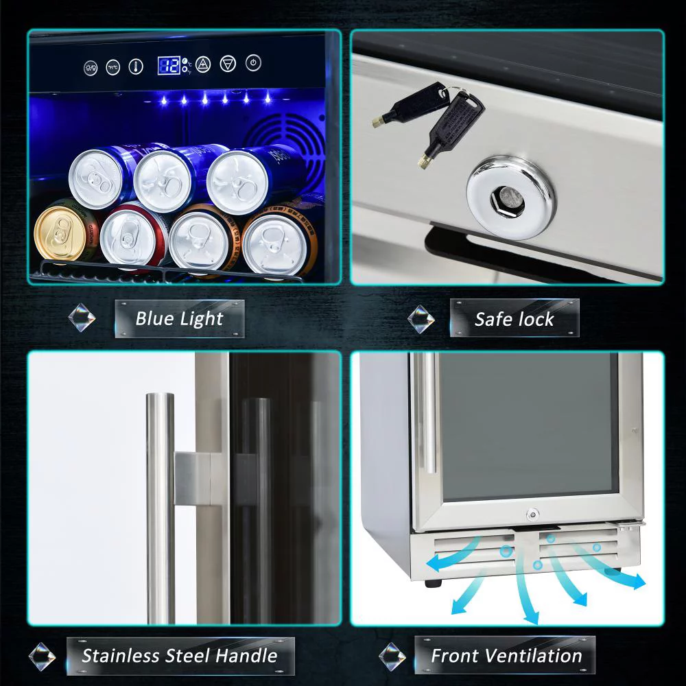 15 Inch Beverage Refrigerator Under Counter Built-in Wine Cooler Mini Fridge Clear Glass Door Digital Memory Temperature Control
