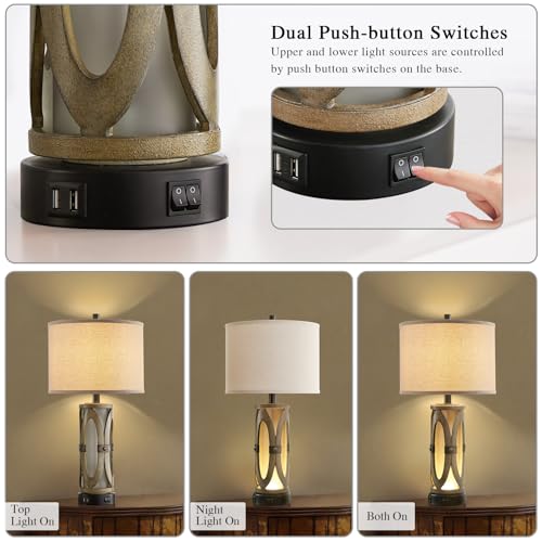 Table lamps for Living Room Set of 2, Rustic Farmhouse Nightstand Lamp with Dual USB Ports