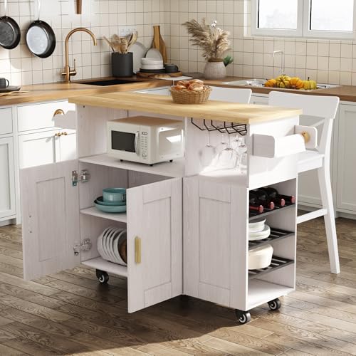 Rolling Mobile Kitchen Island Cart with Desktop Drop Leaf Countertop, Island Table Storage with 5 Wheels