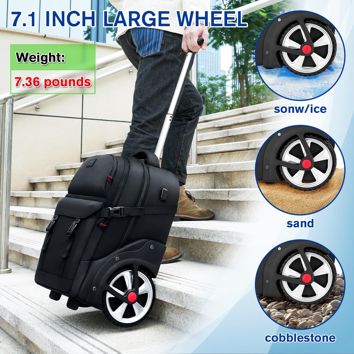MATEIN Rolling Backpack for Adults with Wheels, 17 Inch Large Wheeled Backpack with USB Charging Port & Combination Lock