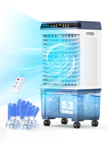 Air Choice Swamp Cooler, 1800 CFM Evaporative Air Cooler with 5.3 Gal Water Tank, 110° Swing, 3 Speeds, 4 Ice Box, Remote, 12H Timer