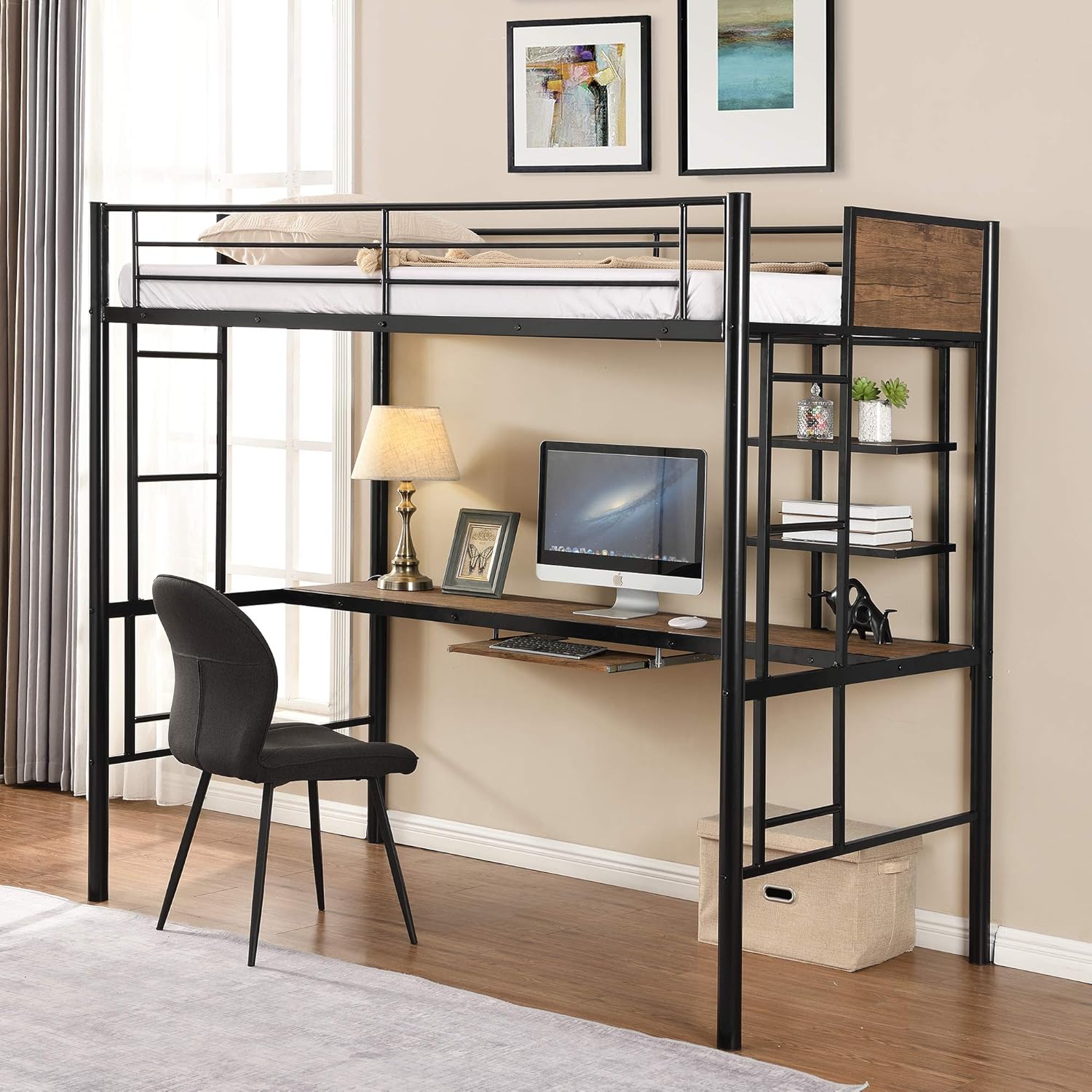 Metal Loft Bed Studio Loft Bunk Bed Over Desk and Bookcase with 2 Ladders and Keyboard Tray,Twin Loft Bed for Dorm, Boys & Girls Teens Kids, Black