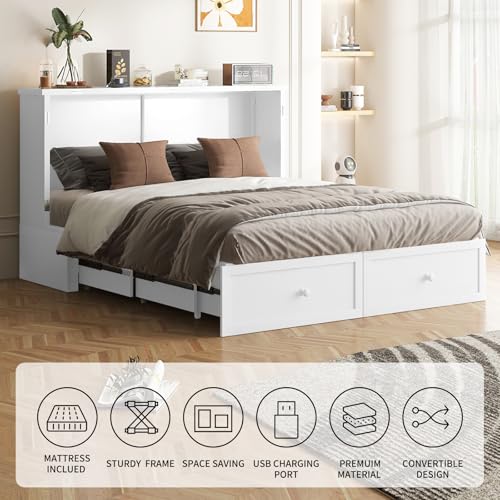 Murphy Bed, Cabinet Bed Queen Size with Tri-Folding Mattress, Hidden Guest Wall Beds, Cabinet Murphy Chest Beds with USB Charging Station