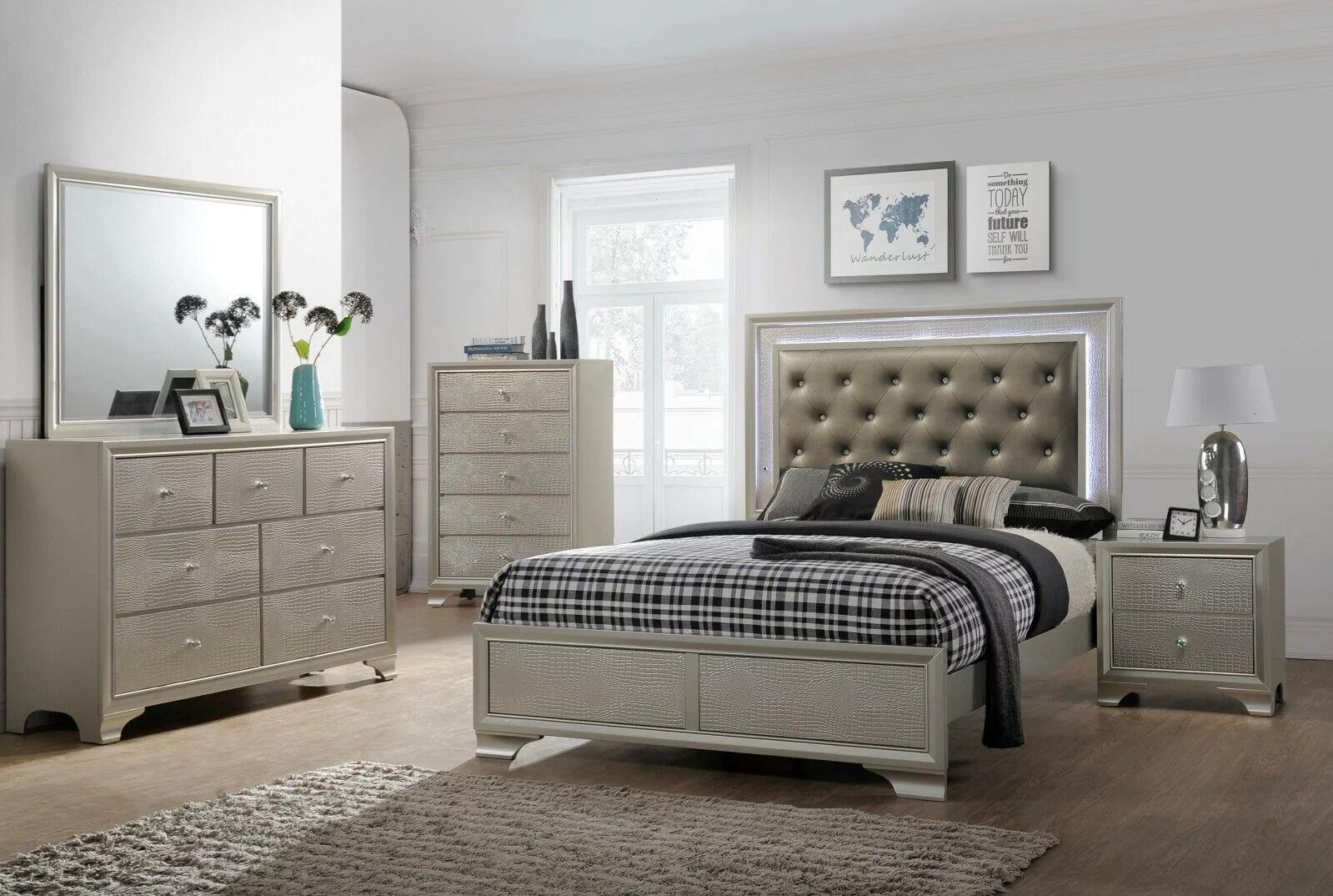 Modern 3pc Queen Size Upholstered LED Backlit HB Panel Bed Chest Nightstand Set Bedroom Furniture