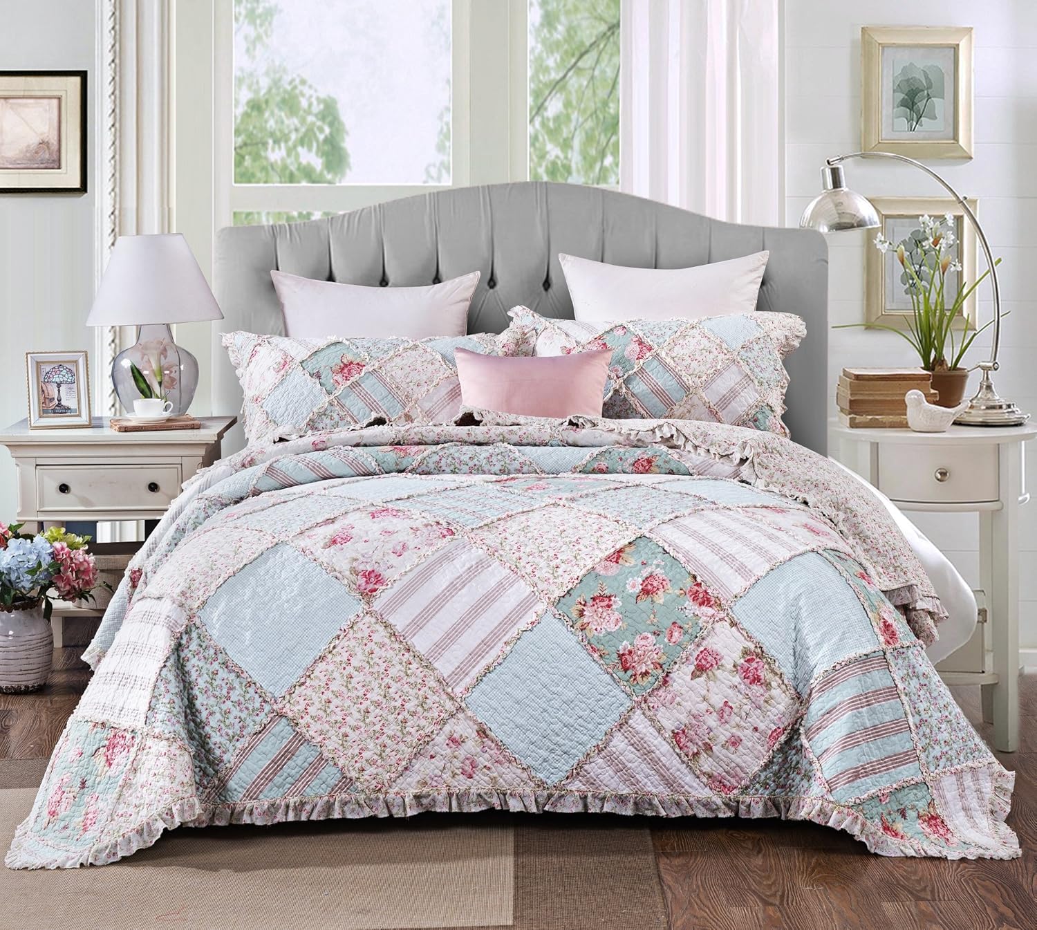 DaDa Bedding Cottage Patchwork Cotton Floral Bedspread Quilt Set - Hint of Mint Dainty Quilted Blooming Garden Botanical