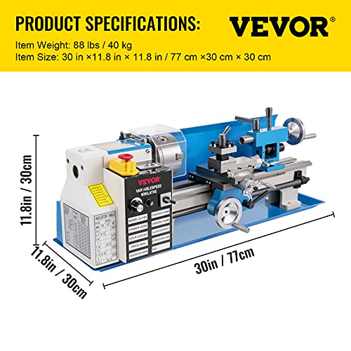 VEVOR Mini Metal Lathe, 7"x14", Benchtop Metal Lathe, 550W Variable Speed 2250 RPM Metal Lathe, with 3-jaw Chuck Mini Lathe Machine