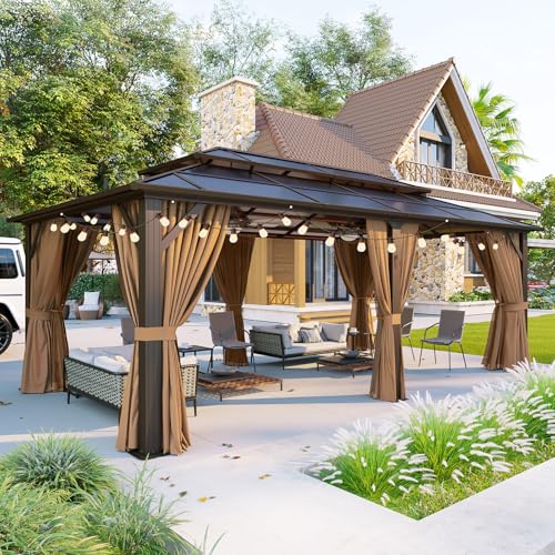 Aoxun 12'x10' Hardtop Gazebo, Aluminum Frame Permanent Pavilion with Curtains and Netting, Outdoor Polycarbonate Double Roof Canopy