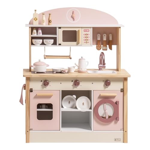 ROBUD Play Kitchen Set, Wooden Play Kitchen with Ice Maker, Fridge, Coffee Machine, Oven, Dishwasher, Microwave, Kitchen Accessories