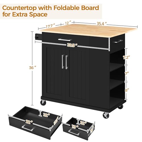 Yaheetech Rolling Kitchen Island Cart with Drop Leaf, Portable Rubberwood Breakfast Bar with Storage Cabinet, Open Shelves & Detachable Towel
