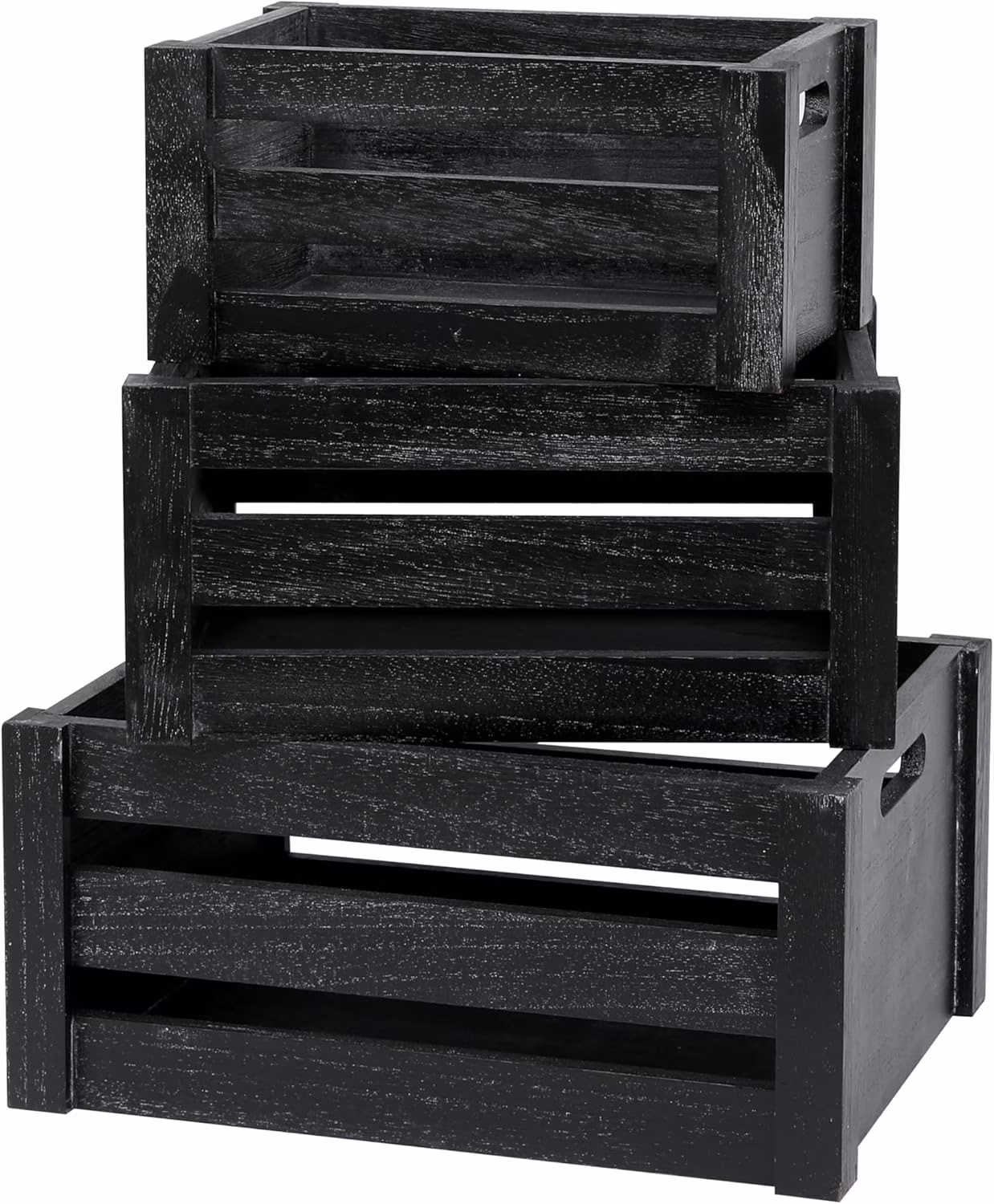 Large Classic Black Wooden Crates For Dispaly,Set Of 3 Wood Crates With Handles,Rustic Handmade Wood Boxes For Storage Or Display
