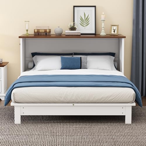 Merax Modern Farmhouse Solid Wood Murphy Bed Chest/Space Saving/Wood Slat Support/Queen,White+Walnut