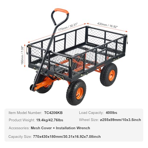 VEVOR 400lbs Steel Garden Dump Cart, Heavy Duty Garden Wagon Yard Dump Wagon with Removable Sides, Convert to Flatbed, Utility Liner
