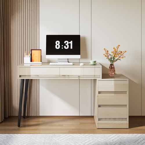 Tribesigns Gloss Desk with 5 Drawers, Modern Home Office Desk with Storage Drawers and Printer Stand