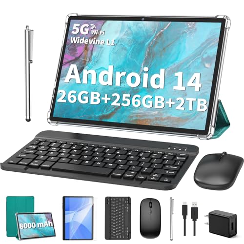 2025 Tablet, Android 14 Tablets 10 inch with Keyboard, 26GB RAM+256GB ROM(2TB Expand), 2-in-1 Tablets with 8-Core, 8000mAh, 5G WiFi, Widevine L1, GMS