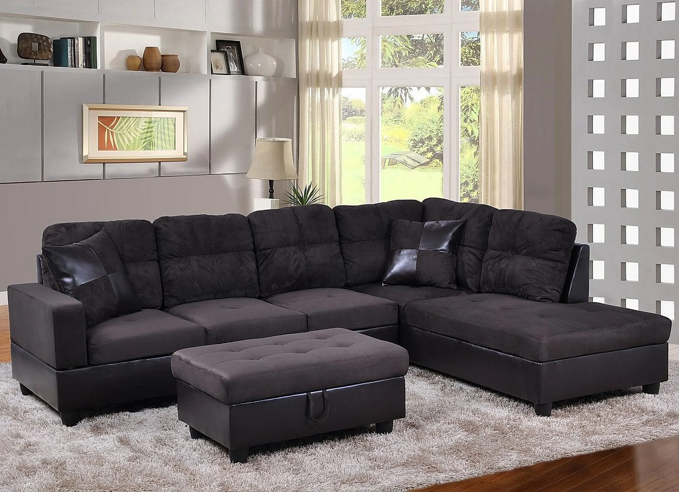 PonLiving 103.5" Wide Corner Microfiber Sectional Sofa with Storage Ottoman & Matching Pillows Right Hand Facing, Espresso