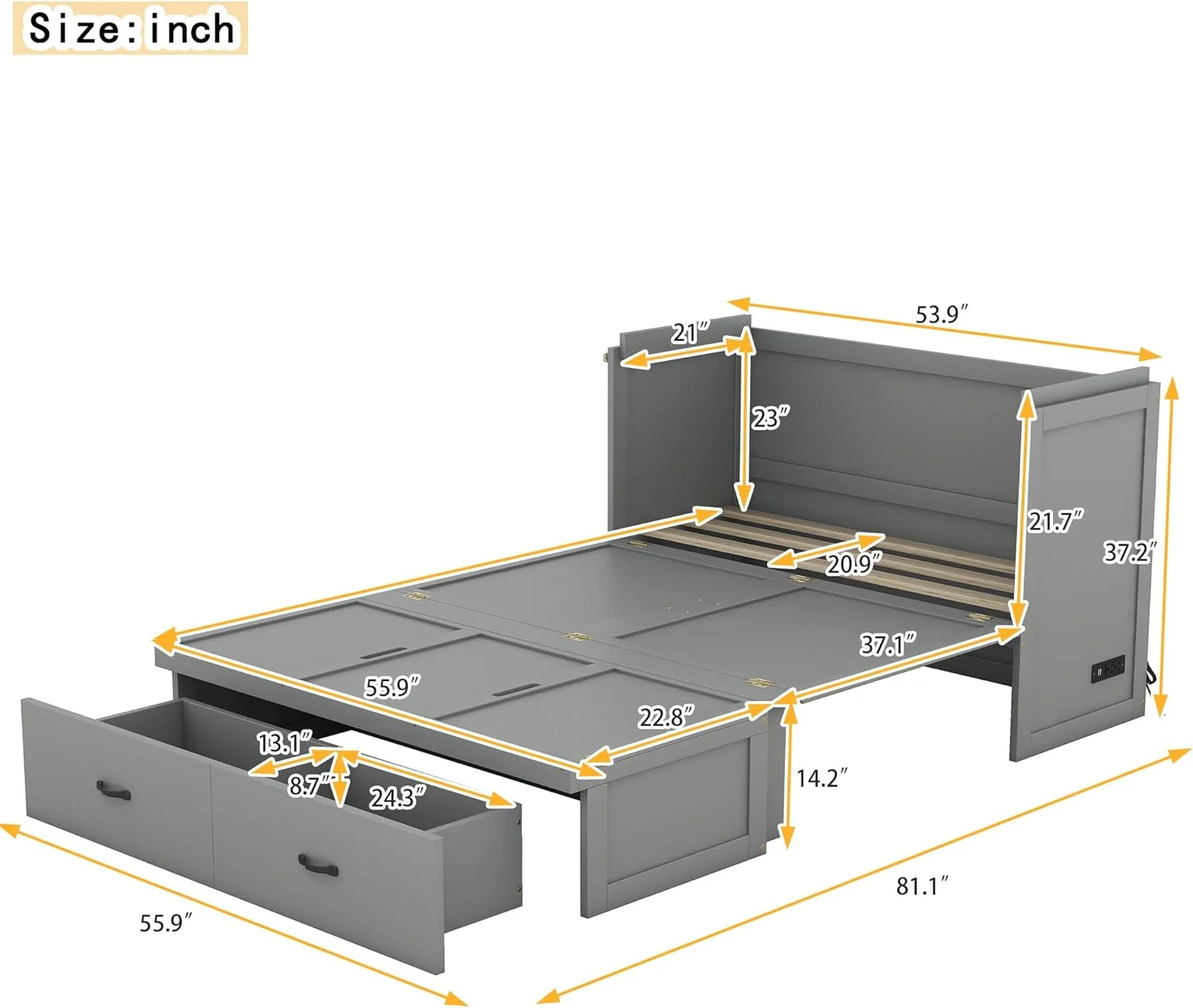 Full Size Murphy Bed Wih USB Por Ad A Large Drawer, Space-Savig Wall Bed For Mulipurpose Gues Room Or Home Office - Gray