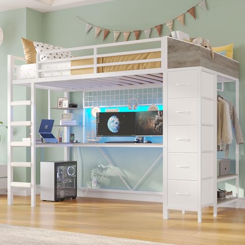 VIAGDO Loft Bed Twin Size with Hall Tree, Charging Station and LED Lights, Metal Loft Bed with L-Shaped Desk, 5 Storage Drawers