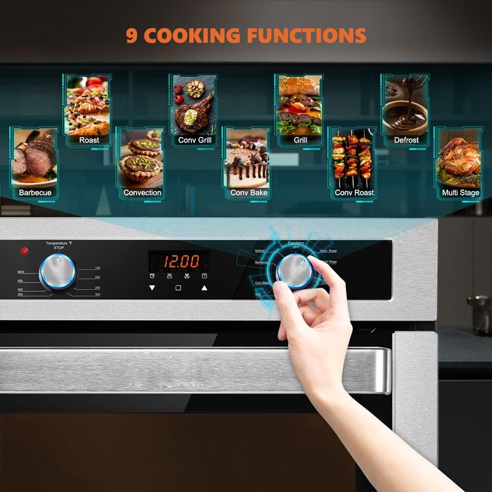 24 Inch Single Wall Oven, thermomate 2.3Cu.ft. Total Capacity Electric Built-in Oven with 9 Cooking Functions in Stainless Steel