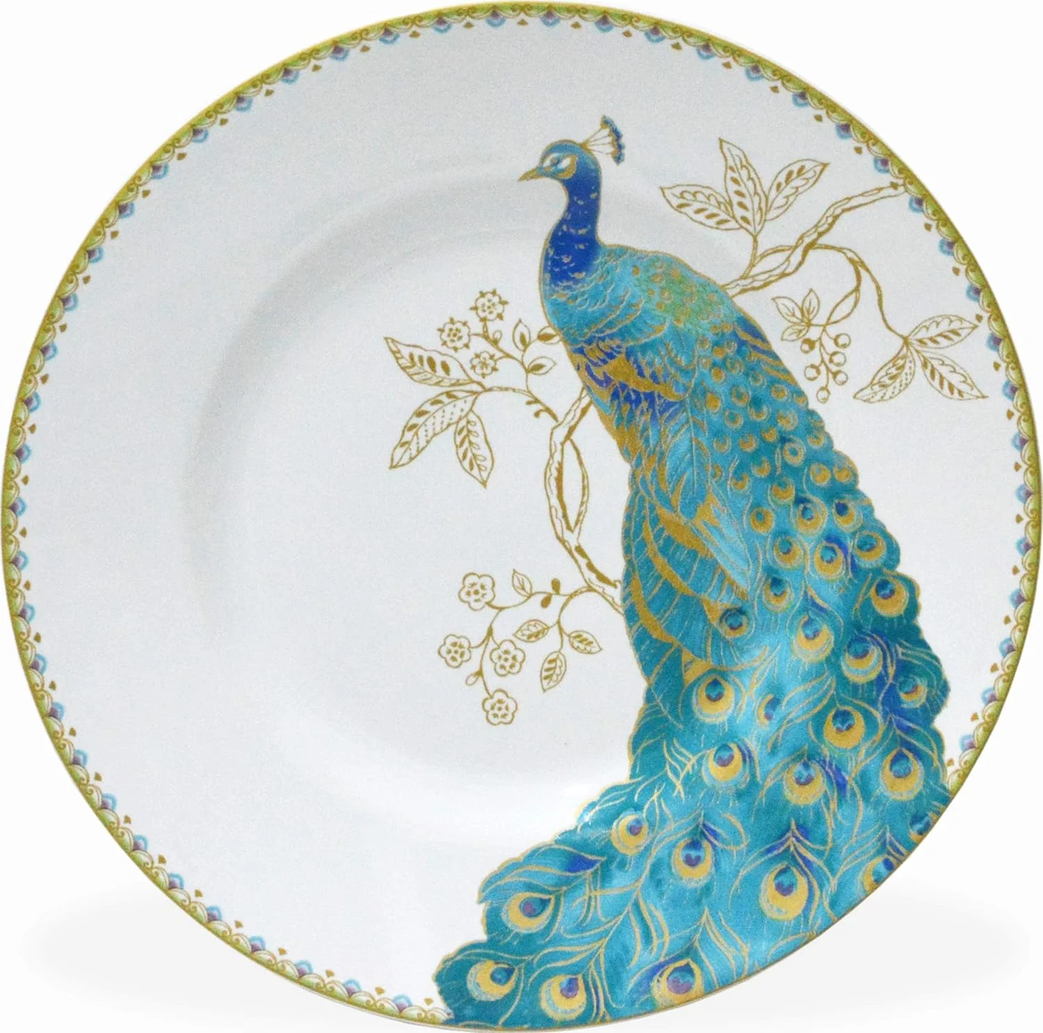 Peacock Garden 16-Piece Porcelain Dinnerware Set With Round Plates, Bowls, And Mugs, White