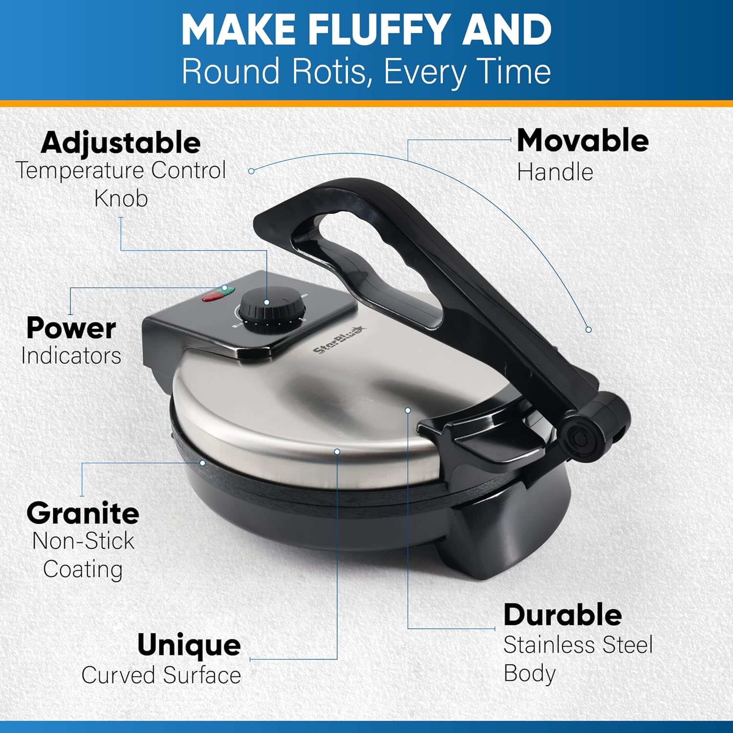 10inch Roti Maker by StarBlue with FREE Roti Warmer and Removable Handle