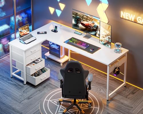 AODK L Shaped Gaming Desk with 4 Drawers, 61" Reversible Home Office Desks with Power Outlets