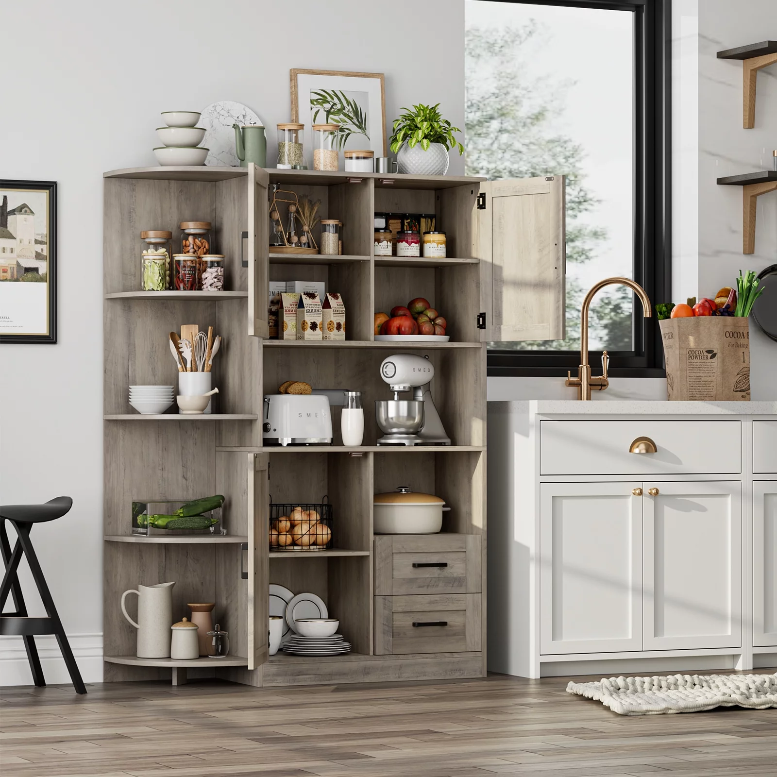Homfa Large Kitchen Pantry with Adjustable Shelves, Farmhouse Tall Storage Cabinet for Dining Room, Wash Gray