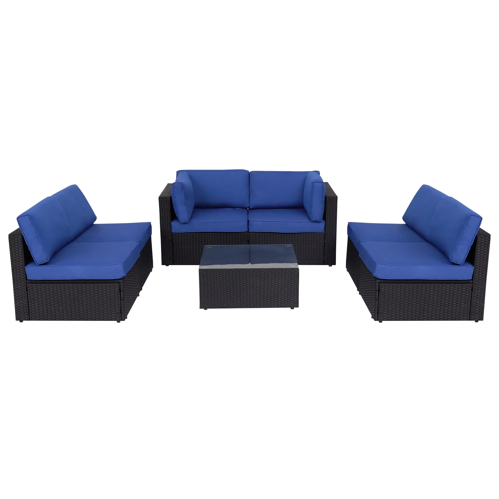 Kinbor 7pcs Outdoor Patio Rattan Wicker Furniture Sectional Sofa Set with Dark Blue Cushions