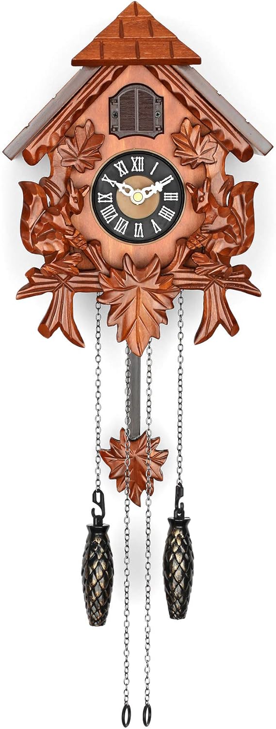 Cuckoo Wall Clock with Night Mode in Traditional German Style with Carved Squirrels (Cherry)