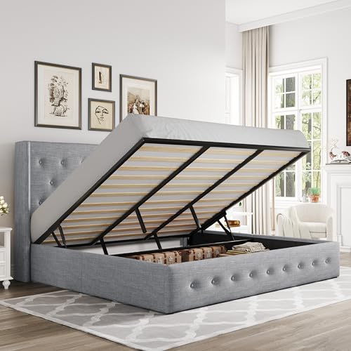 Allewie Full Size Lift Up Storage Bed, Modern Wingback Headboard, Hydraulic Support, No Box Spring Needed, Light Beige