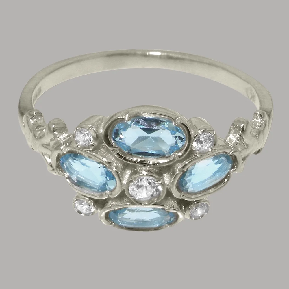 LBG British Made Real 18k White Gold Synthetic Cubic Zirconia & Natural Blue Topaz Womens Engagement Ring - 33 size options - Size 6.25