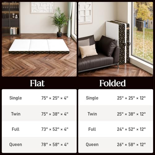 Tri-Fold Memory Foam Mattress Queen - 6 Inch Portable Folding Mattress with Handle & Washable Cover, Floor Bed with Non-Slip Base