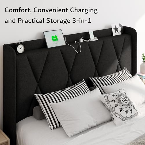 iPormis Queen Bed Frame with 4 Storage Drawers, Upholstered Platform Bed Frame with Charging Station, Modern Wingback Storage Headboard